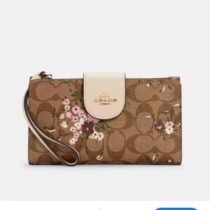 Coach Brown and Cream Floral Wristlet Clutch Phone Wallet